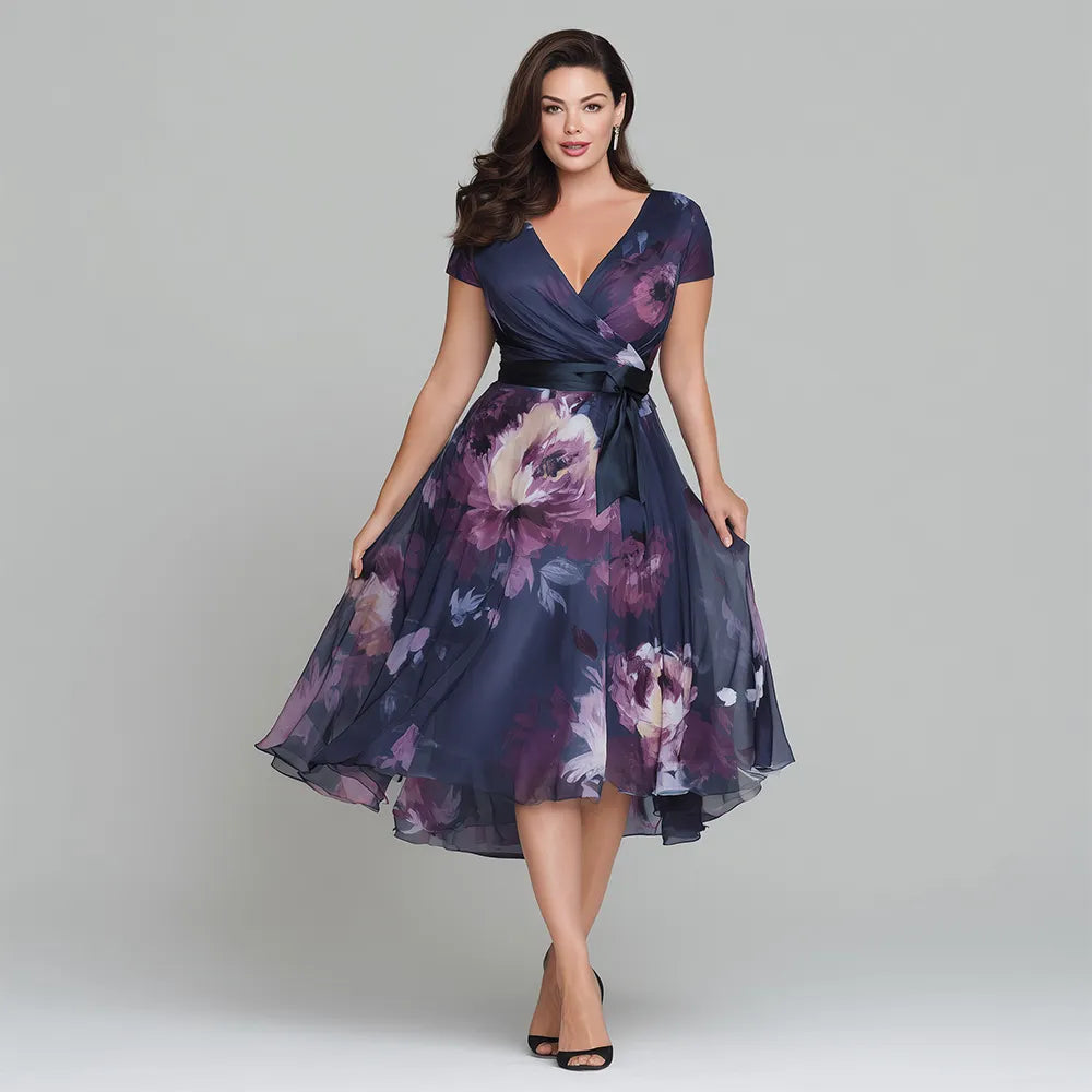 Elegante Vestido Midi Floral Azul Marino para Mujeres con Escote en V, Manga Corta y Cintura Ajustada