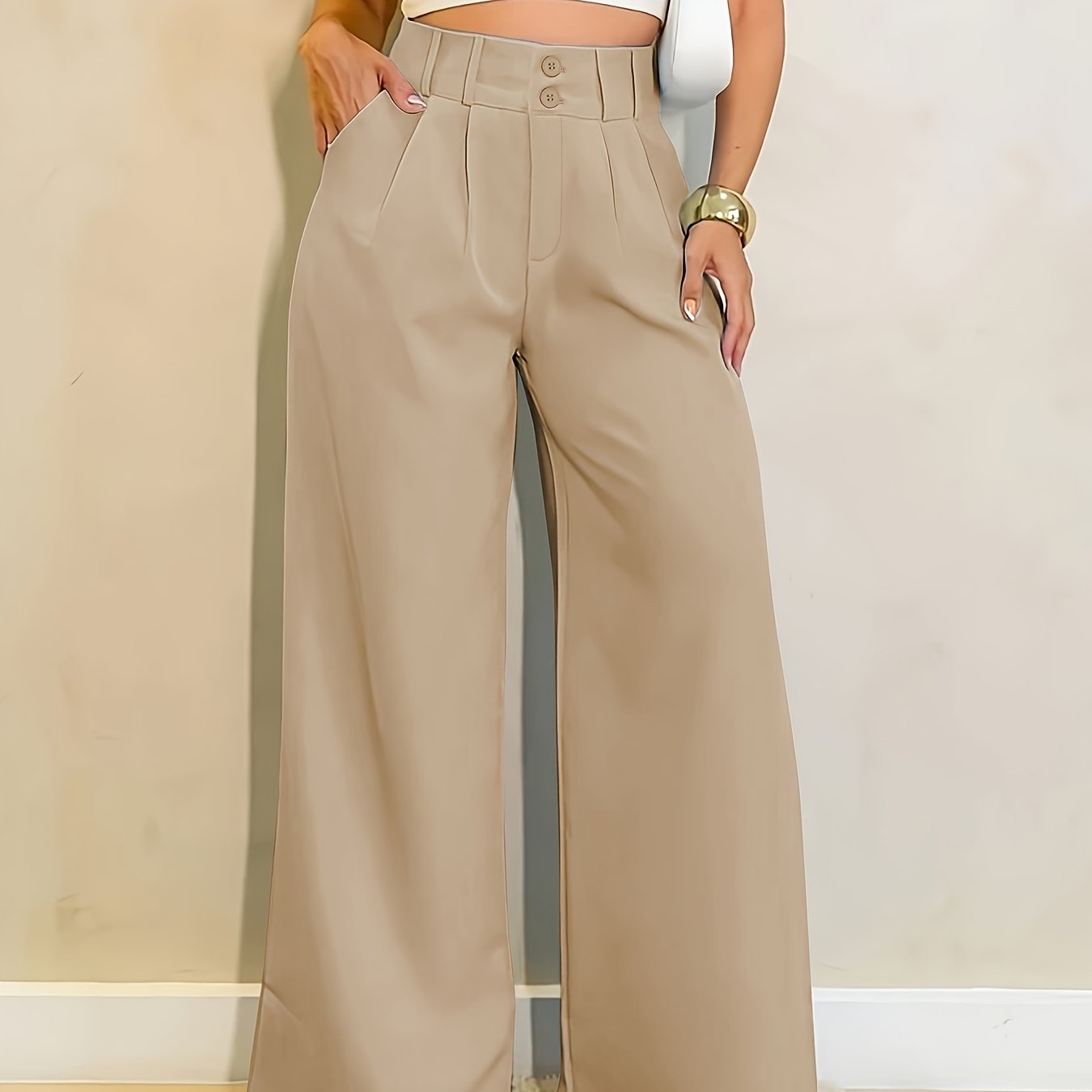 Pantalones Elegantes de Pierna Ancha para Mujeres con Cintura Alta, Frente con Botón y Estilo Relajado