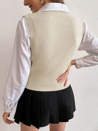Chaleco de Punto Trenzado Cómodo para Mujeres con Escote en V, Sin Mangas y Dobladillo Acanalado, Estilo Preppy
