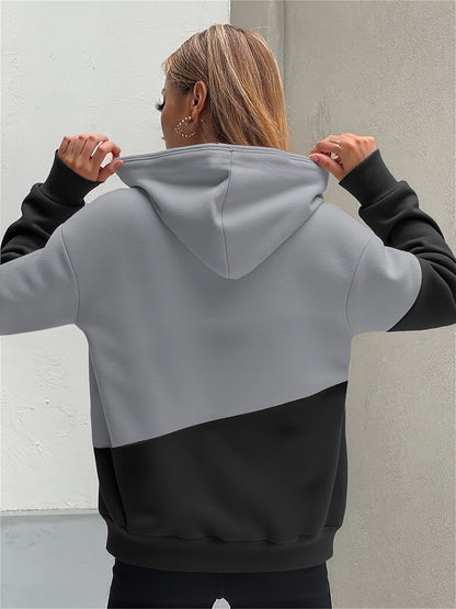 Sudadera cómoda con diseño colorblock y estampado de latidos para mujeres con capucha ajustable, manga larga y estilo de bolsillo canguro.