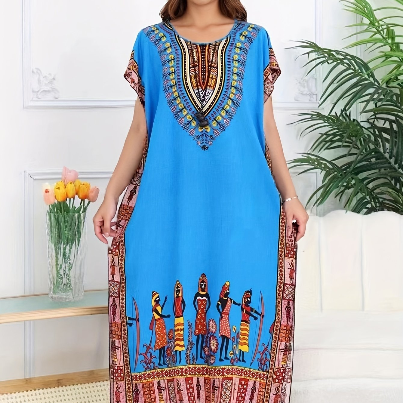 Vestido Kaftán de Impresión Tribal Sin Esfuerzo para Mujeres con Escote en V y Manga Corta Estilo Bohemio