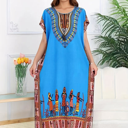 Vestido Kaftán de Impresión Tribal Sin Esfuerzo para Mujeres con Escote en V y Manga Corta Estilo Bohemio