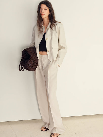 Conjunto Elegante de Pierna Ancha en Albaricoque para Mujeres con Cuello, Manga Larga y Botones de Dos Piezas