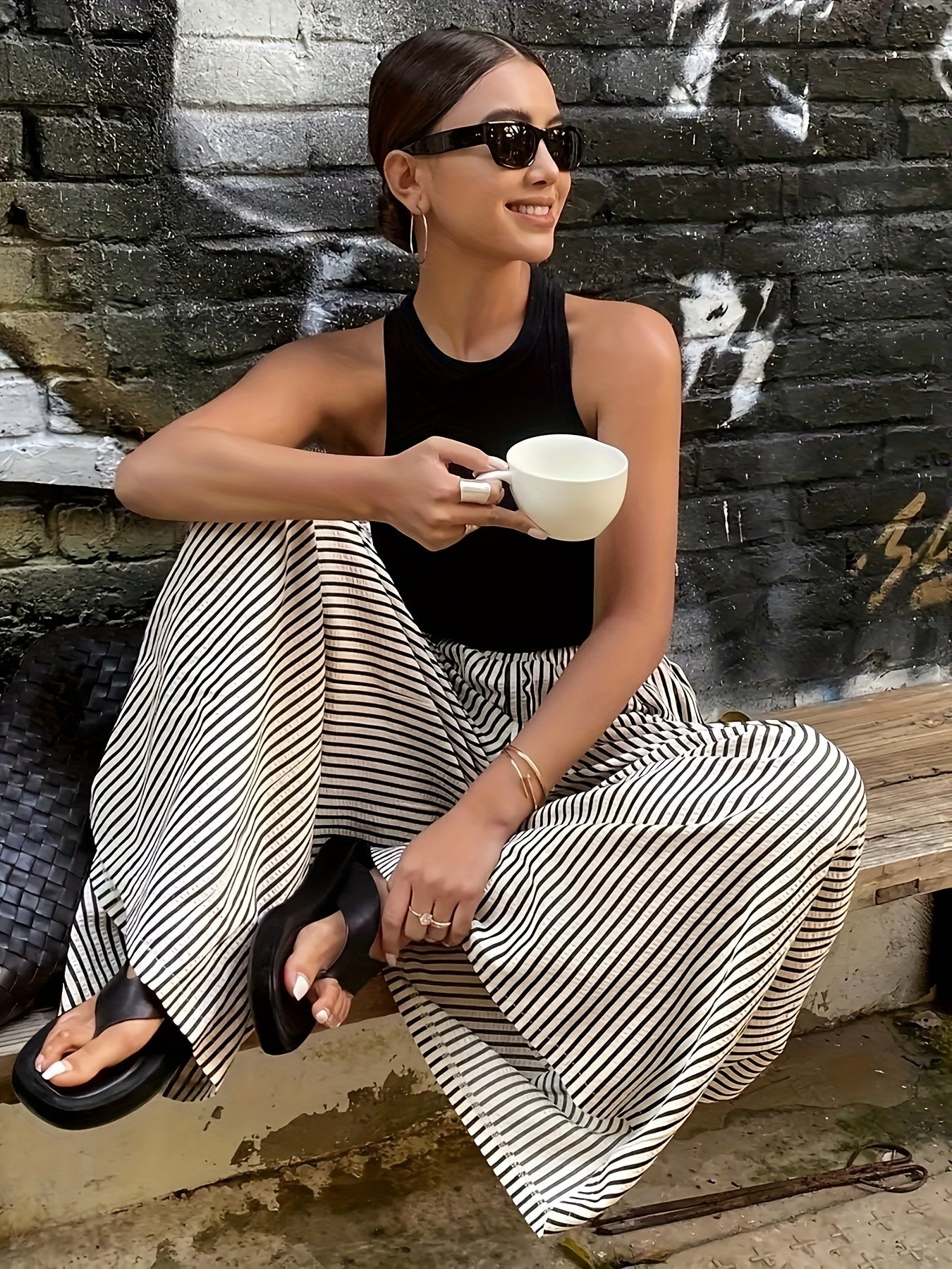 Pantalones Anchos de Rayas Melocotón para Mujeres con Cintura Alta y Cinturilla Elástica, Estilo Fluido y Relajado