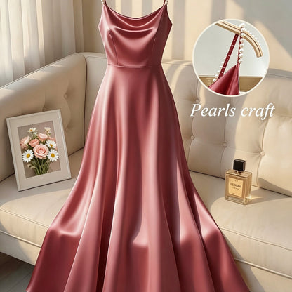 Elegante Vestido Maxi de Satén para Mujeres con Cuello Cowl y Tirantes de Perlas para Estilo Formal de Invitada de Boda