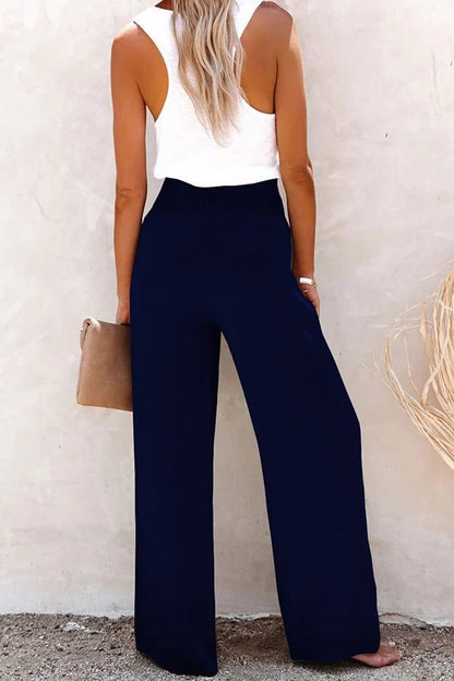 Pantalones de Pierna Ancha Sin Esfuerzo para Mujeres con Cintura Alta, Frontal con Botones y Estilo Relajado
