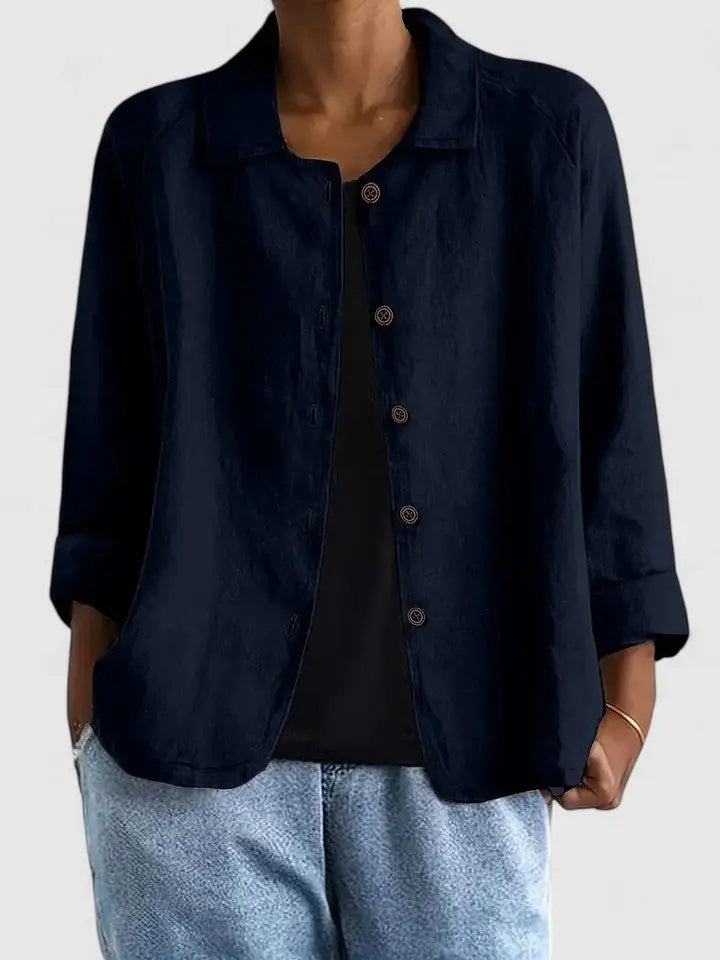 Camisa de Lino con Botones Frontal para Mujeres, Estilo Casual Relajado con Cuello y Manga Larga