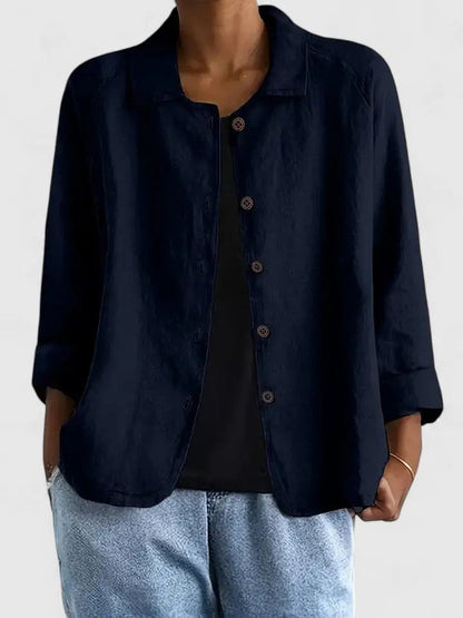 Camisa de Lino con Botones Frontal para Mujeres, Estilo Casual Relajado con Cuello y Manga Larga