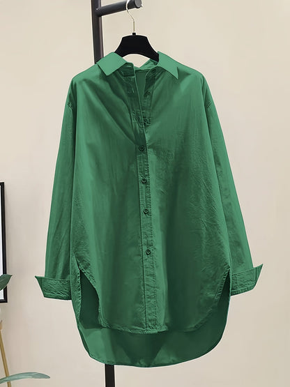 Blusa de Algodón Sin Esfuerzo para Mujeres con Cuello de Punto, Manga Larga, Estilo Oversized y Bajo Irregular