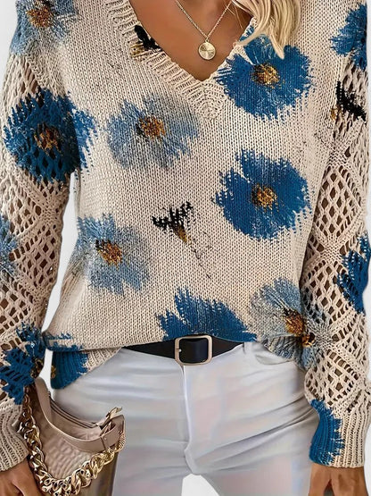 Suéter de Ganchillo Floral Cómodo para Mujeres con Cuello en V y Mangas de Globo, Estilo Oversized
