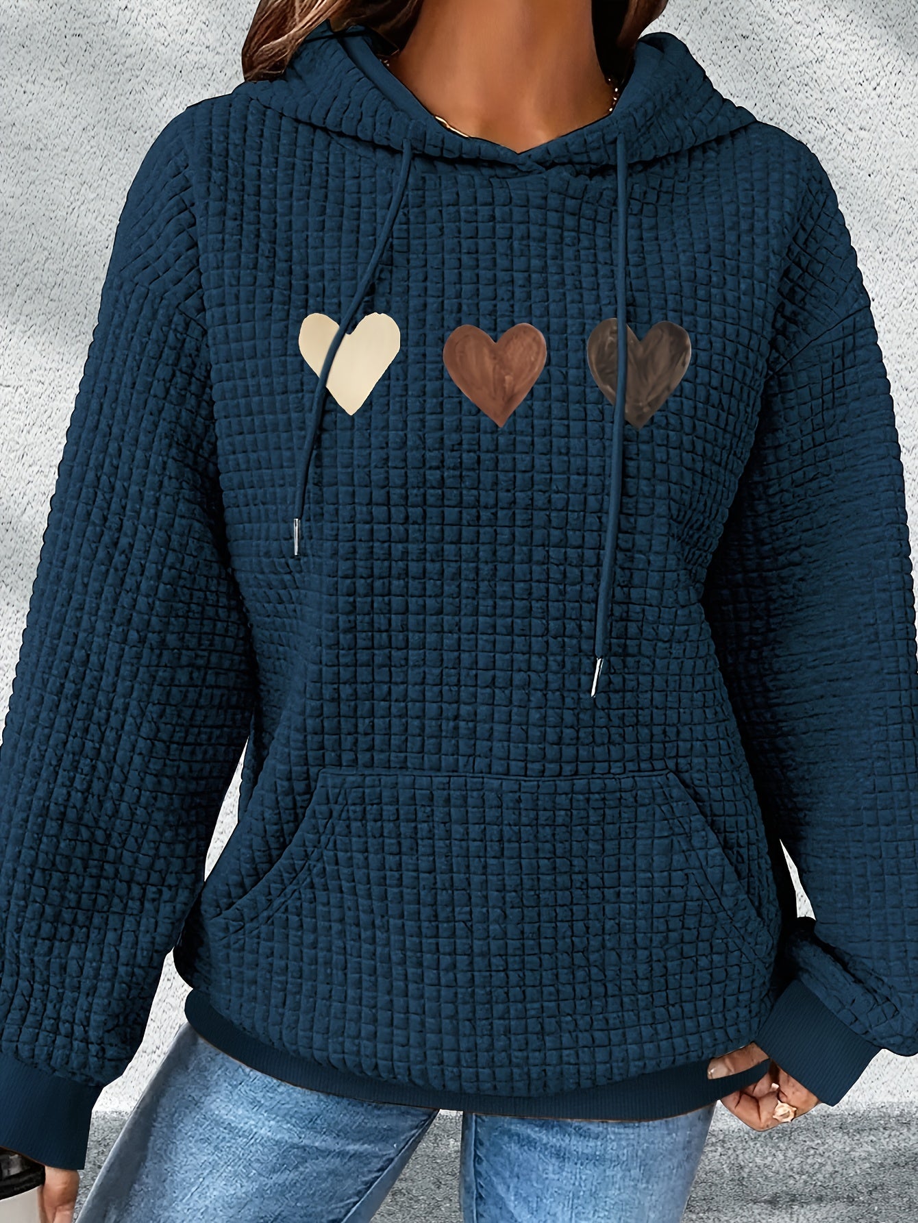 Sudadera de punto waffle con estampado de corazones cómoda para mujeres, con capucha, mangas largas y bolsillo canguro, estilo oversized