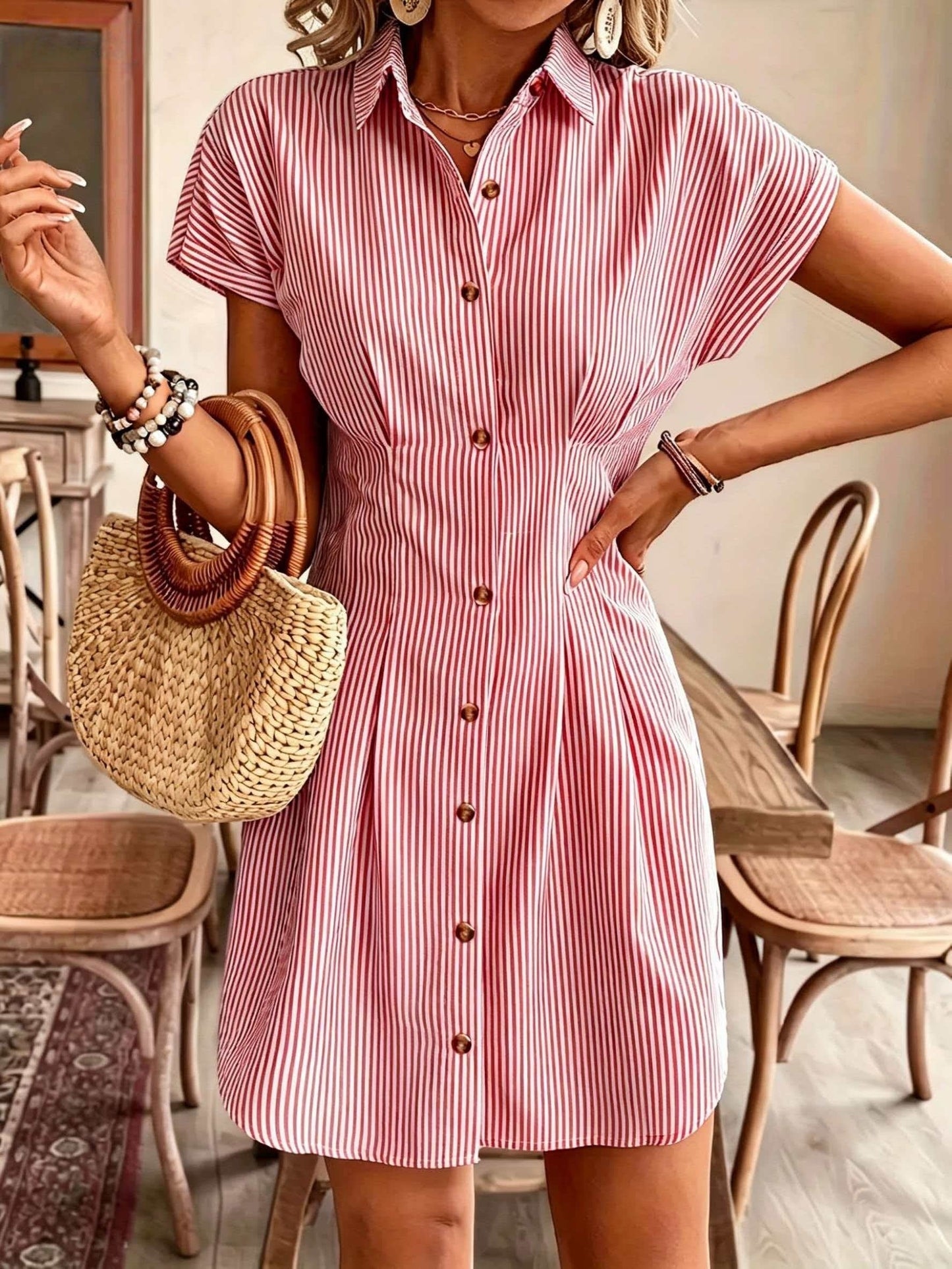 Vestido Camisa A-Line de Manga Corta a Rayas Elegante para Mujeres, Vestido Casual de Oficina de Verano de Cintura Alta con Botones en Pastel Claro, Fabricado en Poliéster Cómodo, Estilo Francés, Color Sólido, Vestido Camisa para Mujeres, Vestido Camisa C