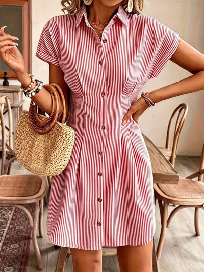 Vestido Camisa A-Line de Manga Corta a Rayas Elegante para Mujeres, Vestido Casual de Oficina de Verano de Cintura Alta con Botones en Pastel Claro, Fabricado en Poliéster Cómodo, Estilo Francés, Color Sólido, Vestido Camisa para Mujeres, Vestido Camisa C