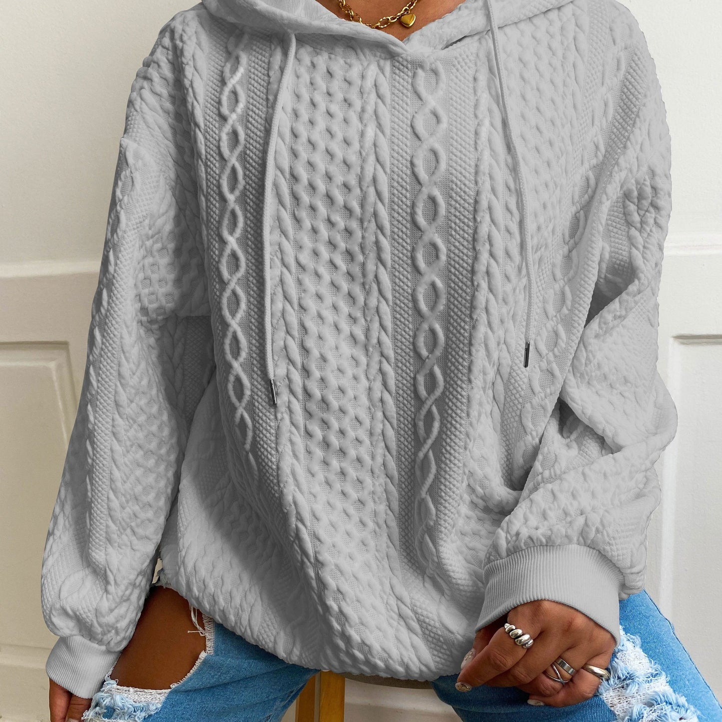 Sudadera de Punto Trenzado Cómoda para Mujeres con Capucha Ajustable de Cordón, Manga Larga, Estilo Relajado y Oversized