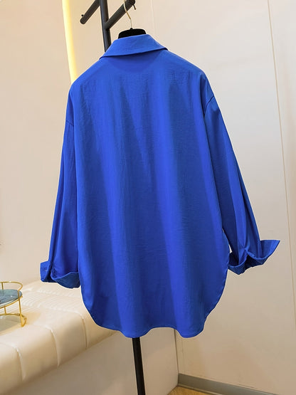 Blusa de Algodón Sin Esfuerzo para Mujeres con Cuello de Punto, Manga Larga, Estilo Oversized y Bajo Irregular