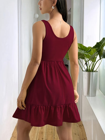 Vestido Mini Encapillado Sin Esfuerzo para Mujeres con Escote Cuadrado y Dobladillo Volante Estilo Casual