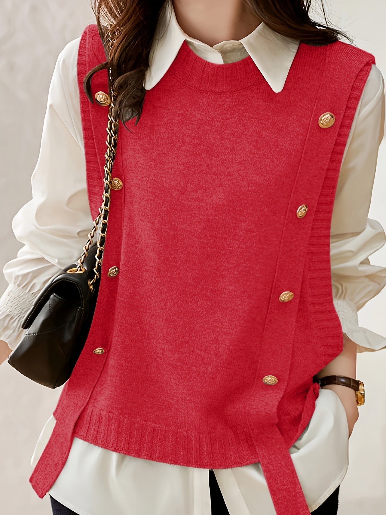 Chaleco de Suéter Cómodo para Mujeres con Cuello Redondo Sin Mangas y Detalle de Botones en Estilo Relajado y Oversized