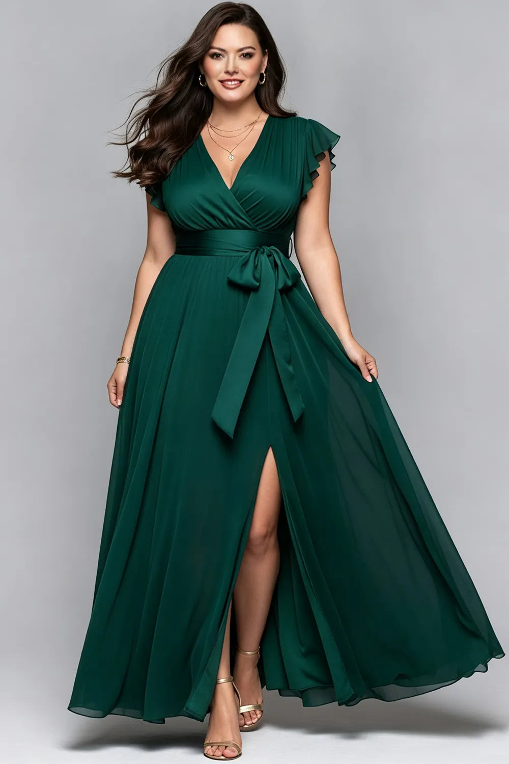 Elegante Vestido Maxi de Chiffon Verde Oscuro para Mujeres con Escote en V, Mangas de Volante y Cintura Ajustada, Estilo Formal para Invitadas de Boda