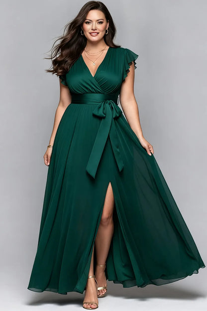 Elegante Vestido Maxi de Chiffon Verde Oscuro para Mujeres con Escote en V, Mangas de Volante y Cintura Ajustada, Estilo Formal para Invitadas de Boda