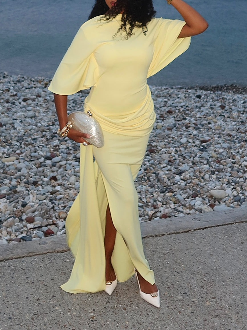 Vestido Maxi Amarillo Elegante para Mujeres con Cuello Alto, Manga Murciélago, Espalda Descubierta y Estilo con Abertura