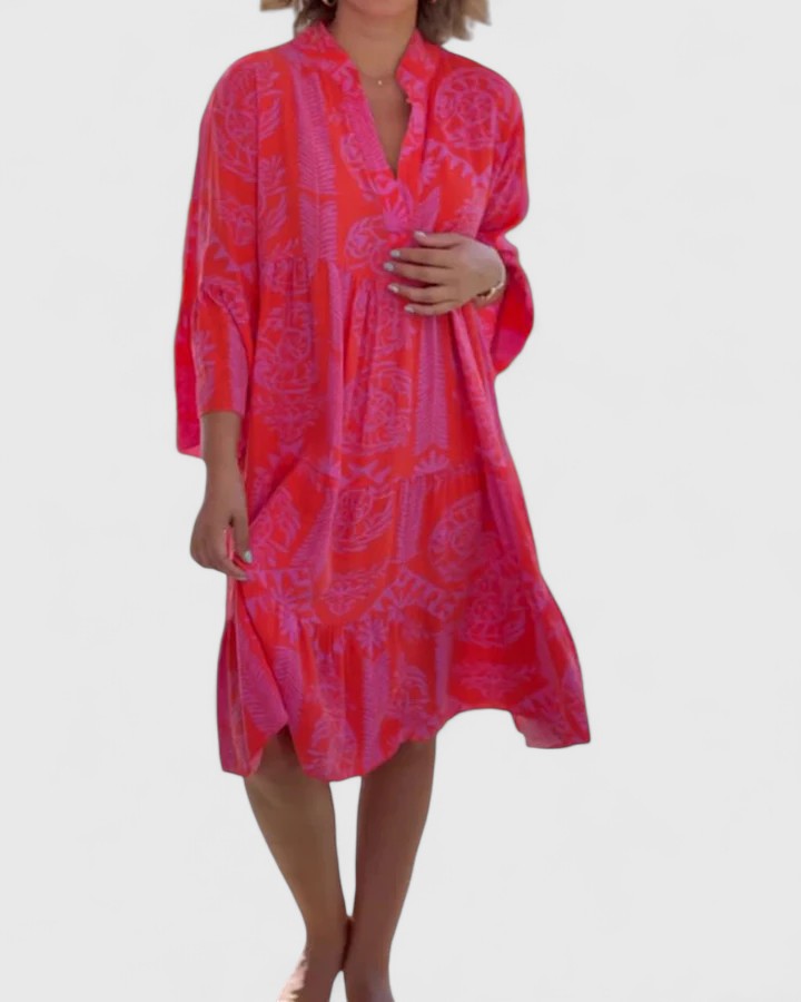 Vestido Midi Kaftán de Estampado Tribal para Mujeres con Escote en V, Manga de Campana, Capa y Alto Escote Estilo Bohemio