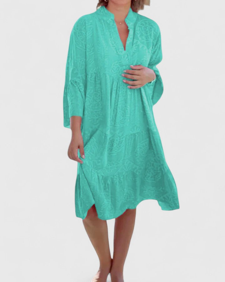 Vestido Midi Kaftán de Estampado Tribal para Mujeres con Escote en V, Manga de Campana, Capa y Alto Escote Estilo Bohemio