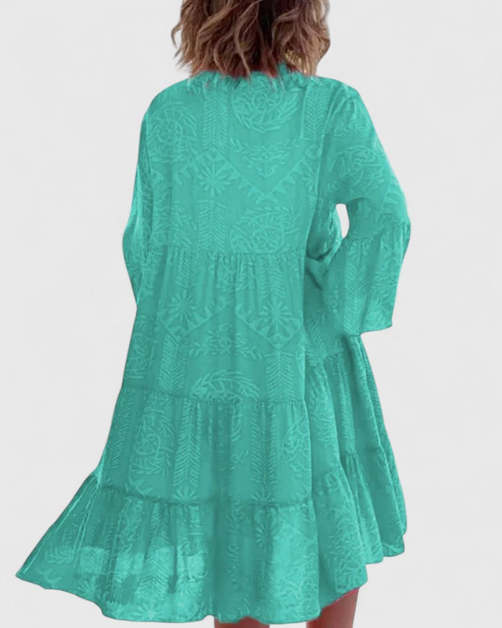 Vestido Midi Kaftán de Estampado Tribal para Mujeres con Escote en V, Manga de Campana, Capa y Alto Escote Estilo Bohemio