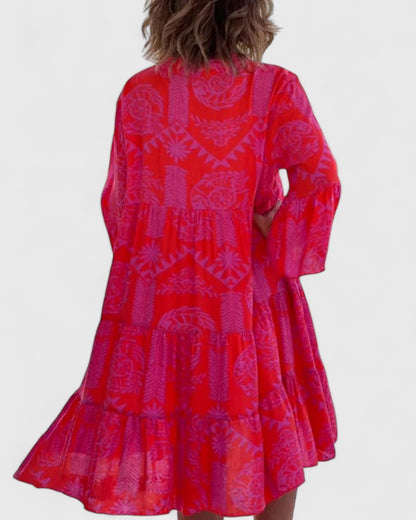 Vestido Midi Kaftán de Estampado Tribal para Mujeres con Escote en V, Manga de Campana, Capa y Alto Escote Estilo Bohemio