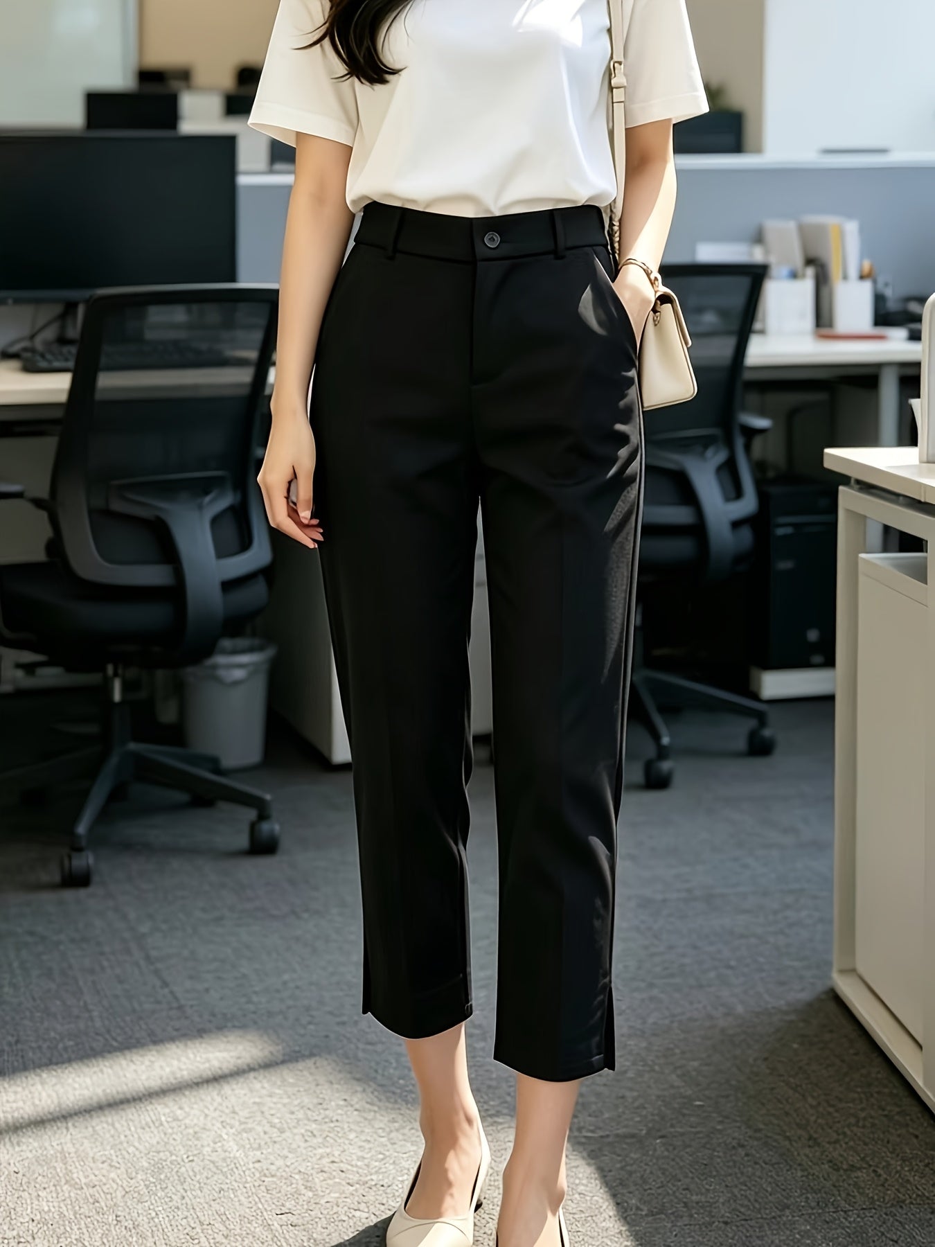 Pantalones Elegantes a Medida para Mujeres con Cintura Alta, Botón Frontal y Abertura Lateral en el Tobillo