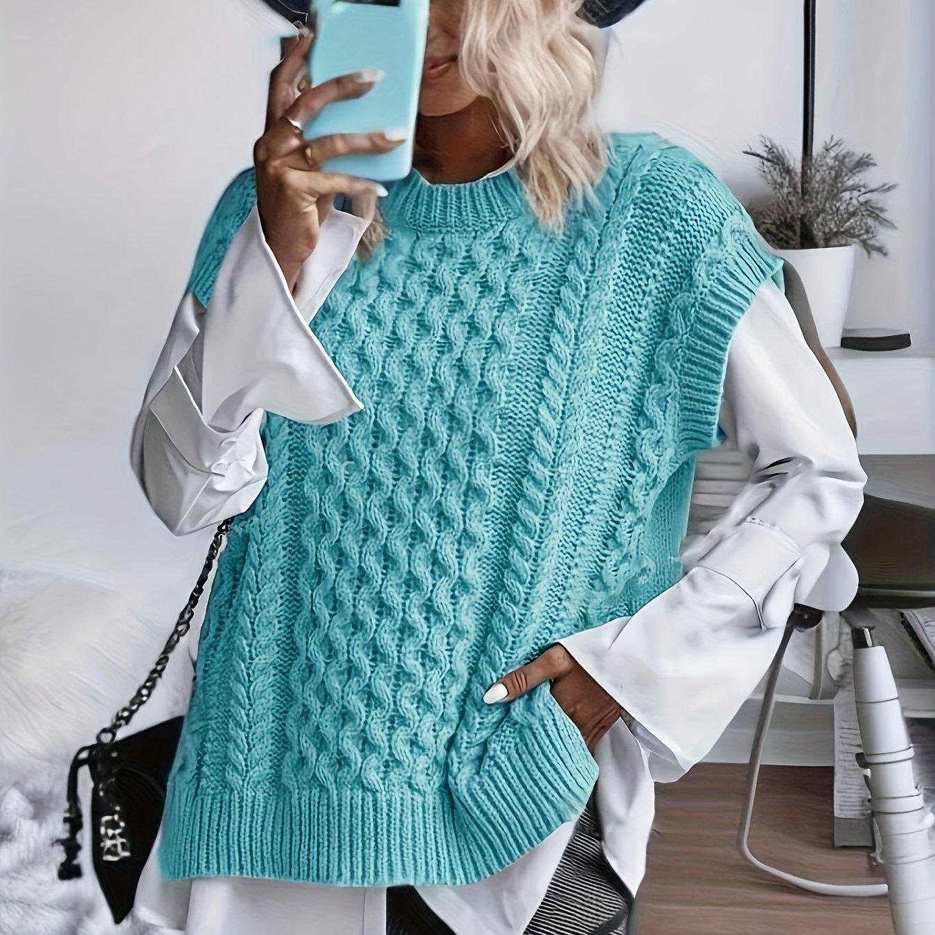 Chaleco de Punto Trenzado Cómodo para Mujeres con Cuello Redondo Sin Mangas Estilo Oversized