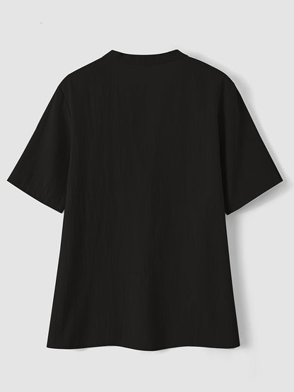Blusa Texturizada Sin Esfuerzo para Mujeres con Escote en V Notch, Manga Corta, Estilo Relajado y Botones en la Parte Frontal