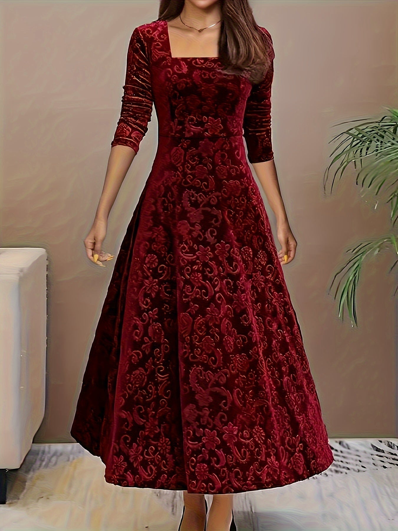 Vestido Maxi Floral de Terciopelo Elegante para Mujeres con Cuello Cuadrado y Manga de Codo Estilo A Fluyente