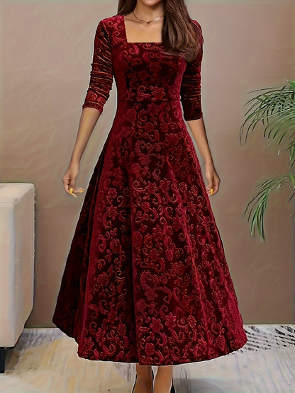 Vestido Maxi Floral de Terciopelo Elegante para Mujeres con Cuello Cuadrado y Manga de Codo Estilo A Fluyente