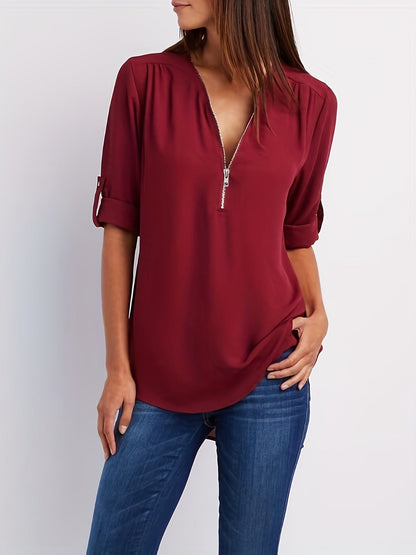 Blusa Frontal con Cremallera Sin Esfuerzo para Mujeres con Cuello en V y Manga con Tabulador, Estilo Túnica Relajada