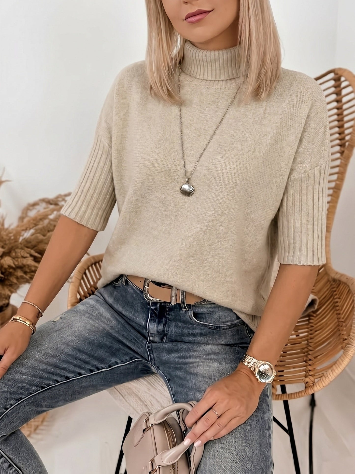 Suéter Acogedor de Canalé para Mujeres con Cuello Alto y Mangas de Codo, Estilo Relajado y Oversized