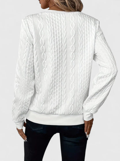 Sudadera de punto trenzado cómoda para mujeres con cuello de triplete y manga larga, estilo relajado y oversize