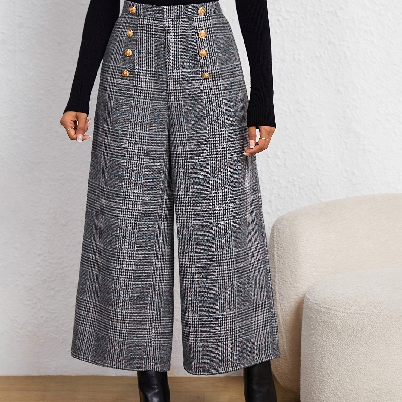 Pantalones Anchos de Cuadros Grises Elegantes para Mujeres con Cintura Alta y Estilo Ajustado