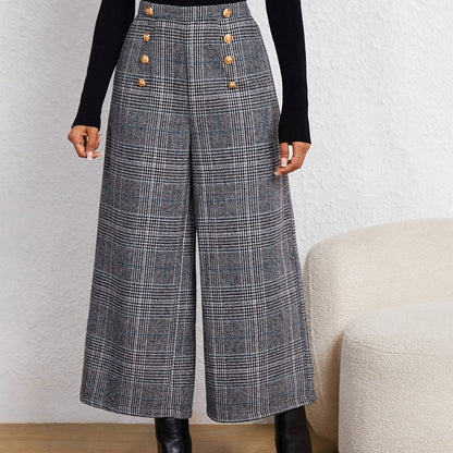 Pantalones Anchos de Cuadros Grises Elegantes para Mujeres con Cintura Alta y Estilo Ajustado