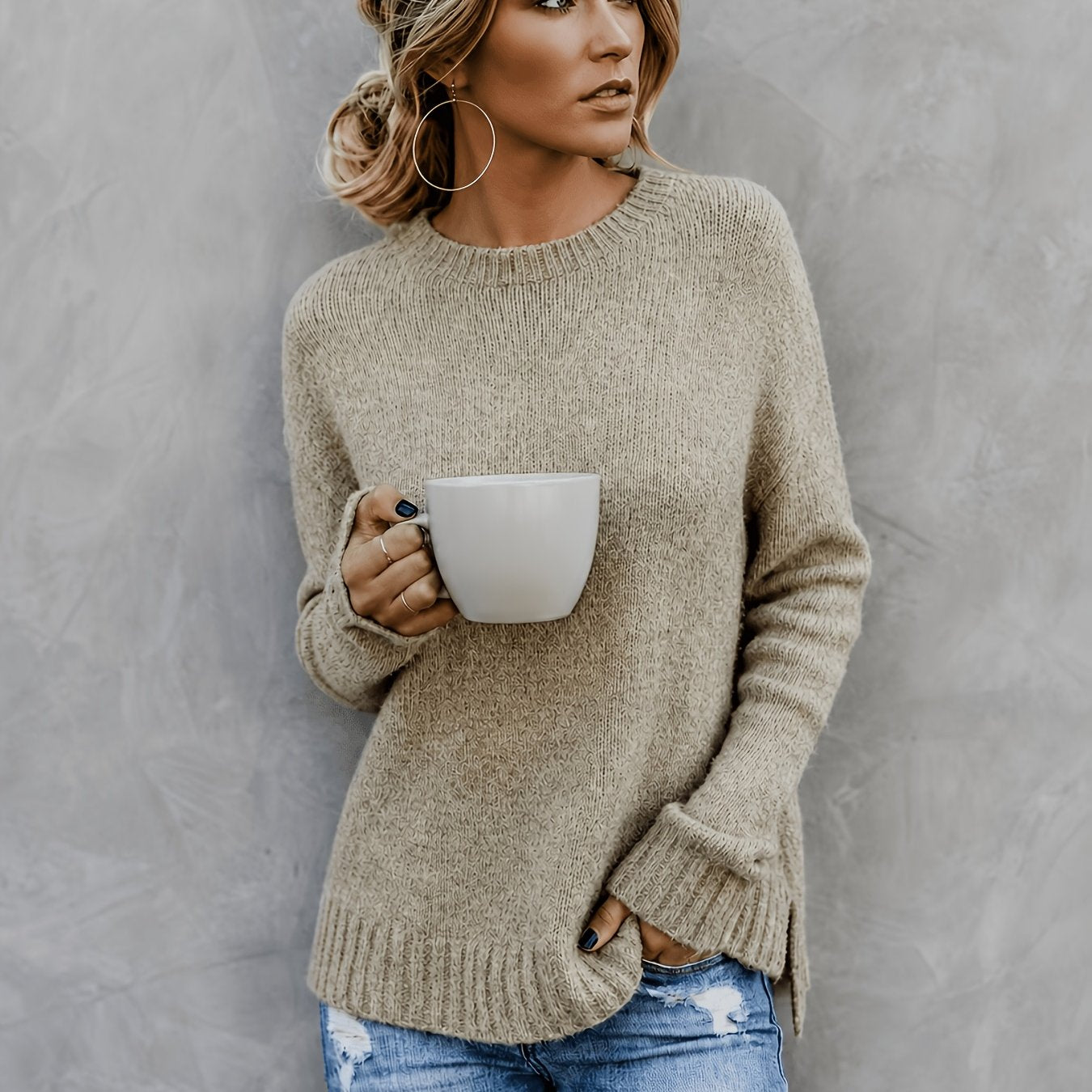 Suéter de Punto Melange Cómodo para Mujeres con Cuello Redondo, Mangas Largas y Puños de Campana, Estilo Oversized y Relajado