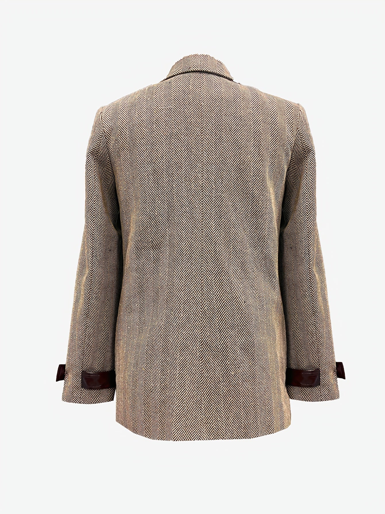 Blazer Elegante de Tweed Herringbone en Caqui para Mujeres con Cuello de Solapa y Mangas Largas con Detalles de Cuero y Botones Dorados