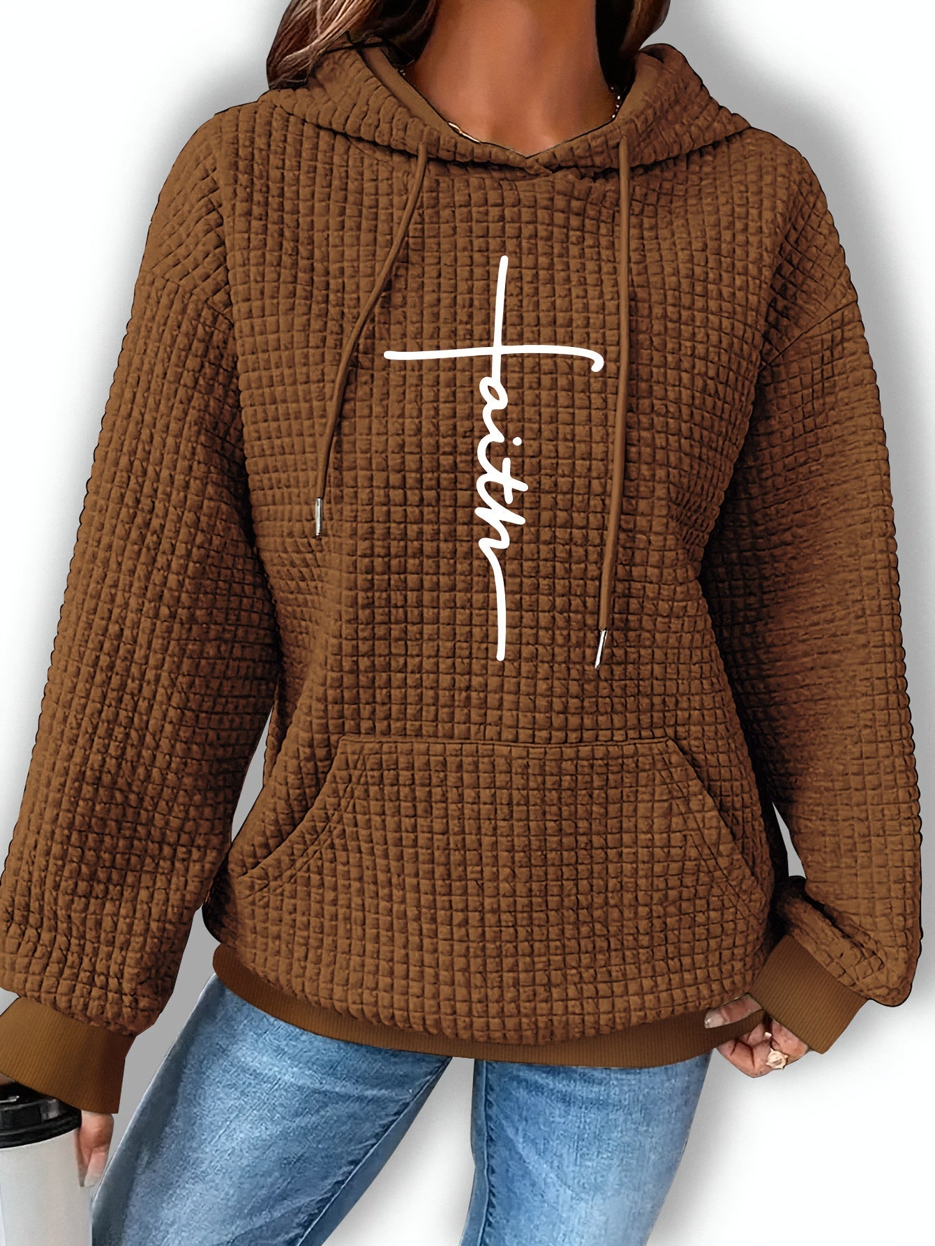 Sudadera gráfica de punto waffle cómoda para mujeres con capucha ajustable, de manga larga y estilo oversized