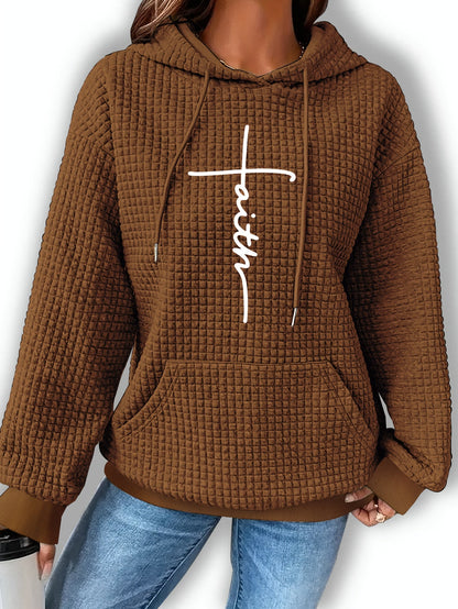 Sudadera gráfica de punto waffle cómoda para mujeres con capucha ajustable, de manga larga y estilo oversized