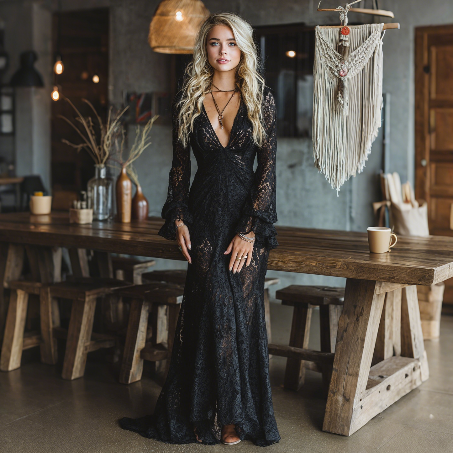 Elegante Vestido Maxi de Encaje Negro para Mujeres con Escote en V y Mangas de Campana Transparentes Estilo Bohemio