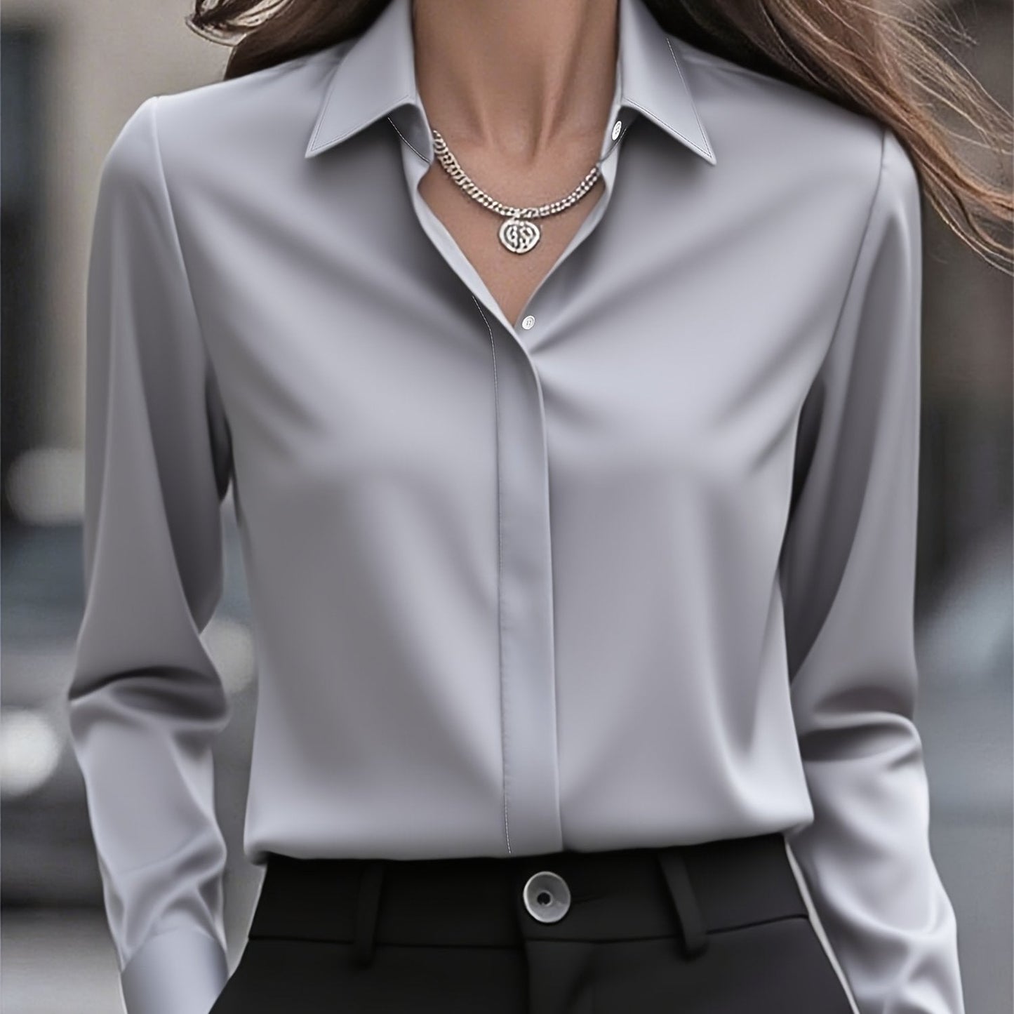 Blusa de Satén Elegante para Mujeres con Cuello, Manga Larga, Botón Frontal y Estilo Relajado