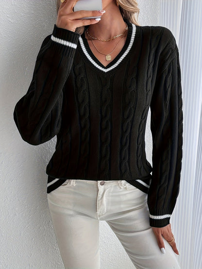 Suéter de Punto Trenzado Cómodo para Mujeres con Escote en V, Manga Larga, Detalle de Rayas y Estilo Oversized