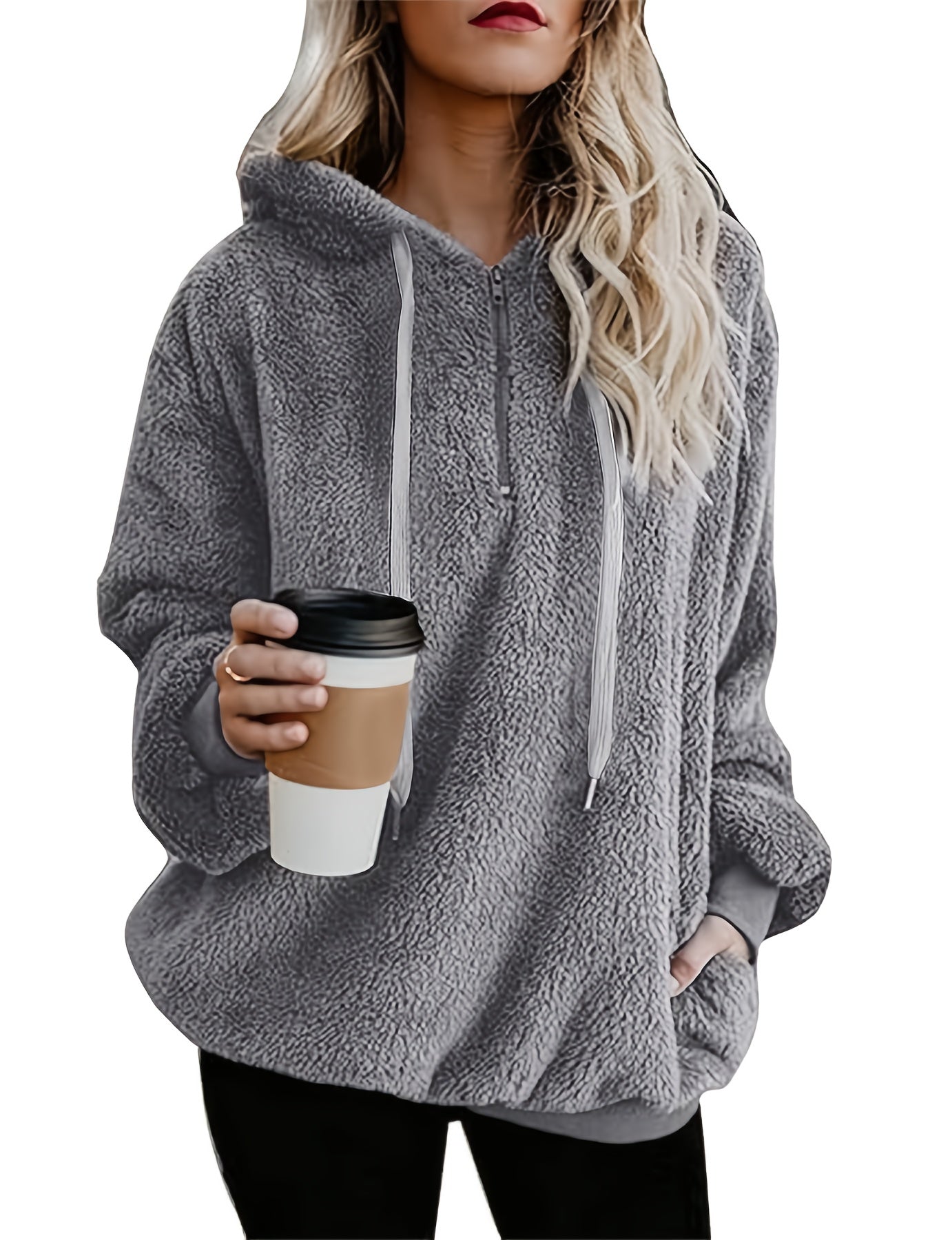 Sudadera cómoda de sherpa gris para mujeres con capucha, manga larga, cremallera de cuarto, estilo holgado y relajado