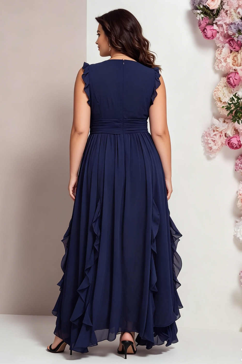 Elegante Vestido Maxi Azul Marino para Mujeres con Escote en V, Tirantes con Volantes y Cintura Fruncida para Invitadas de Boda