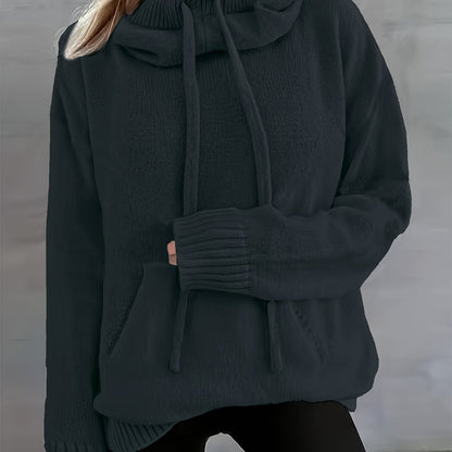 Suéter de punto cómodo para mujeres con cuello de capa, manga larga, cordón y estilo oversized
