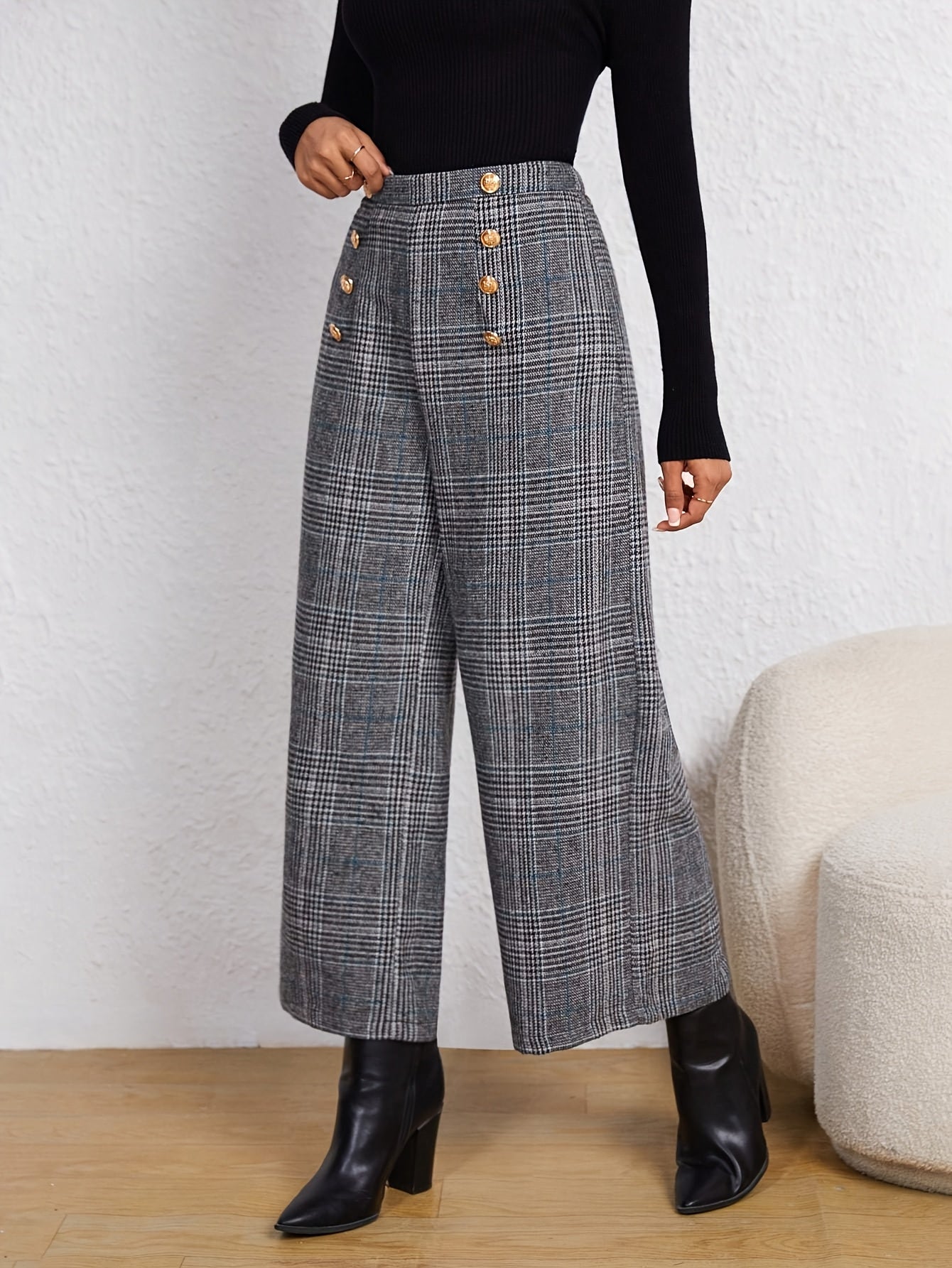 Pantalones Anchos de Cuadros Grises Elegantes para Mujeres con Cintura Alta y Estilo Ajustado