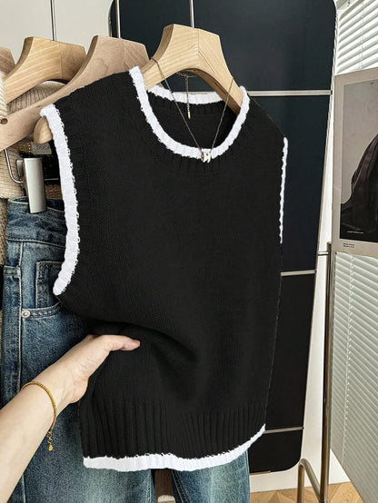 Chaleco de Suéter de Contraste Cómodo para Mujeres con Cuello Redondo, Sin Mangas, dobladillo Acanalado, Estilo Oversized